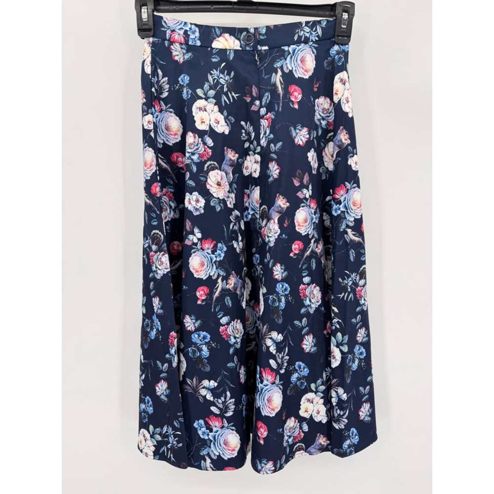 Navy Blue Satin A Line Skirt Flowers Squirrels Birds Butterflies Novelty Small - Picture 2 of 6